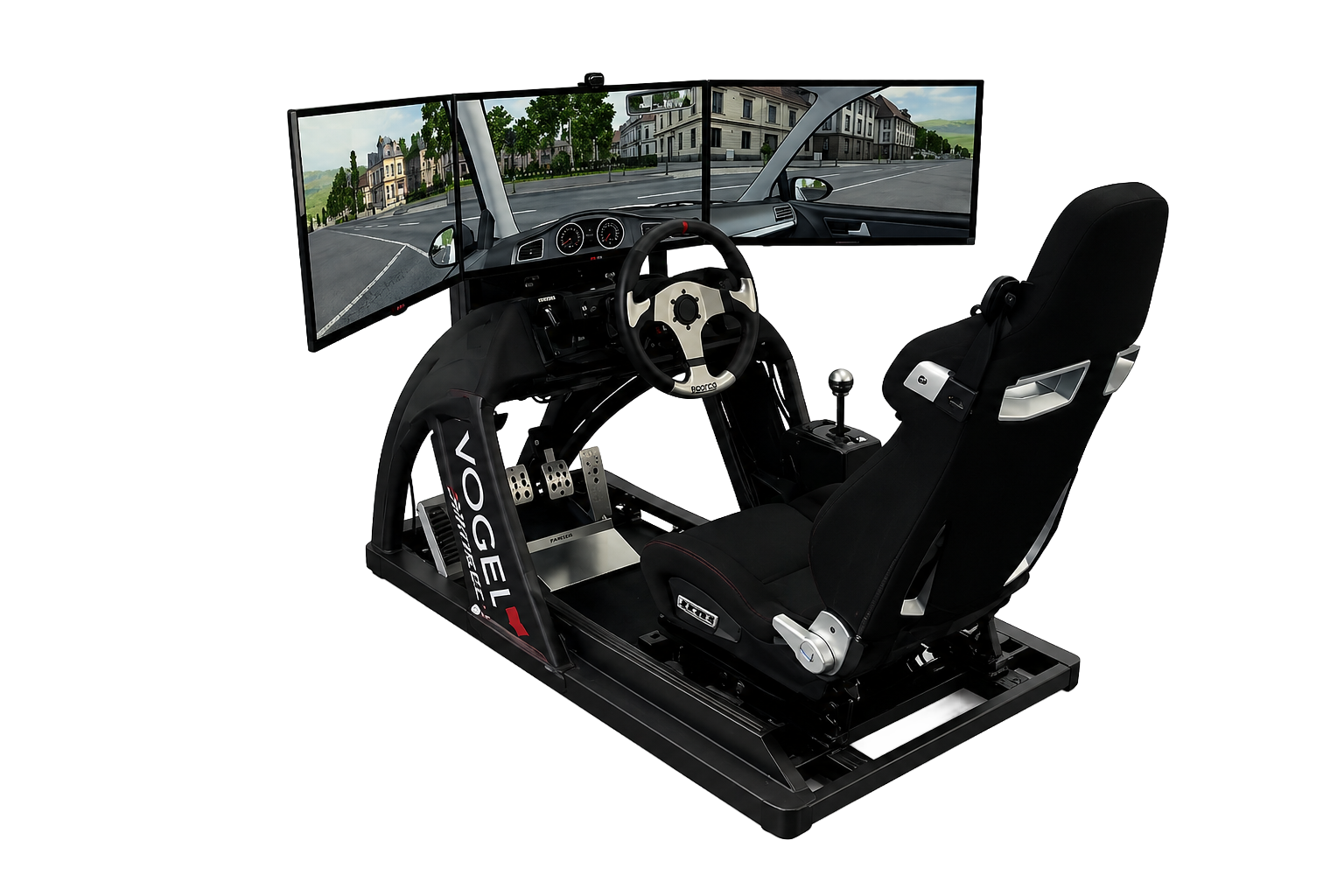 Vogel-Fahrsimulator mit Sportsitz und drei Bildschirmen